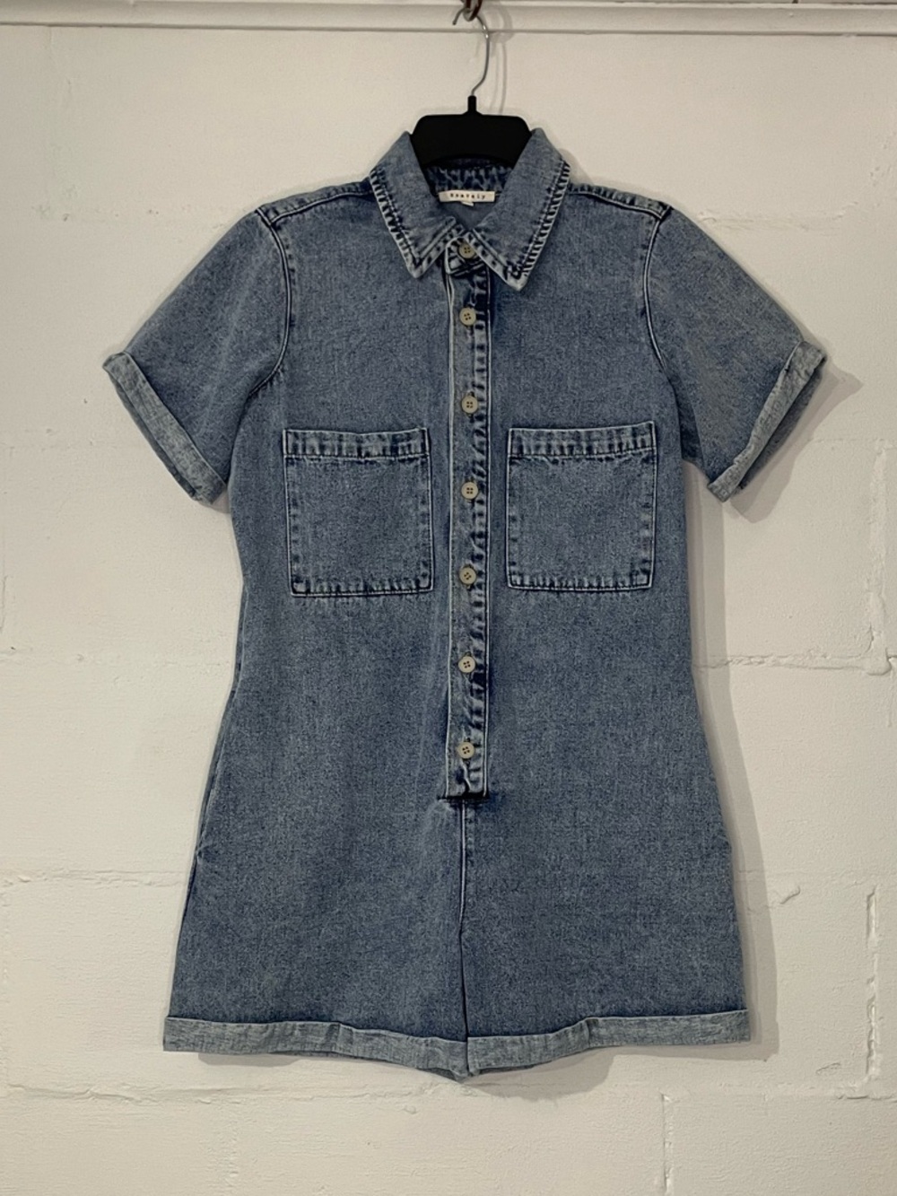 Short Sleeve Denim Romper in Light Blue